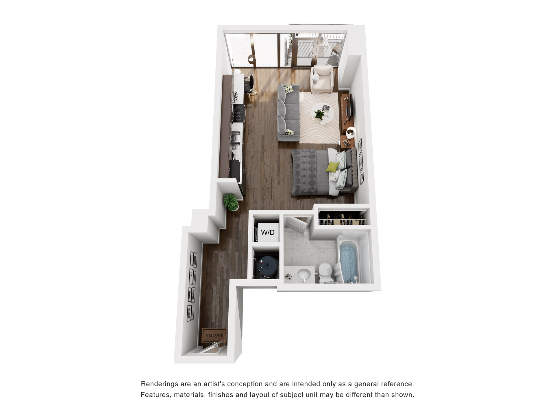 Floor plan for studio, 1 bath, 627 sqft